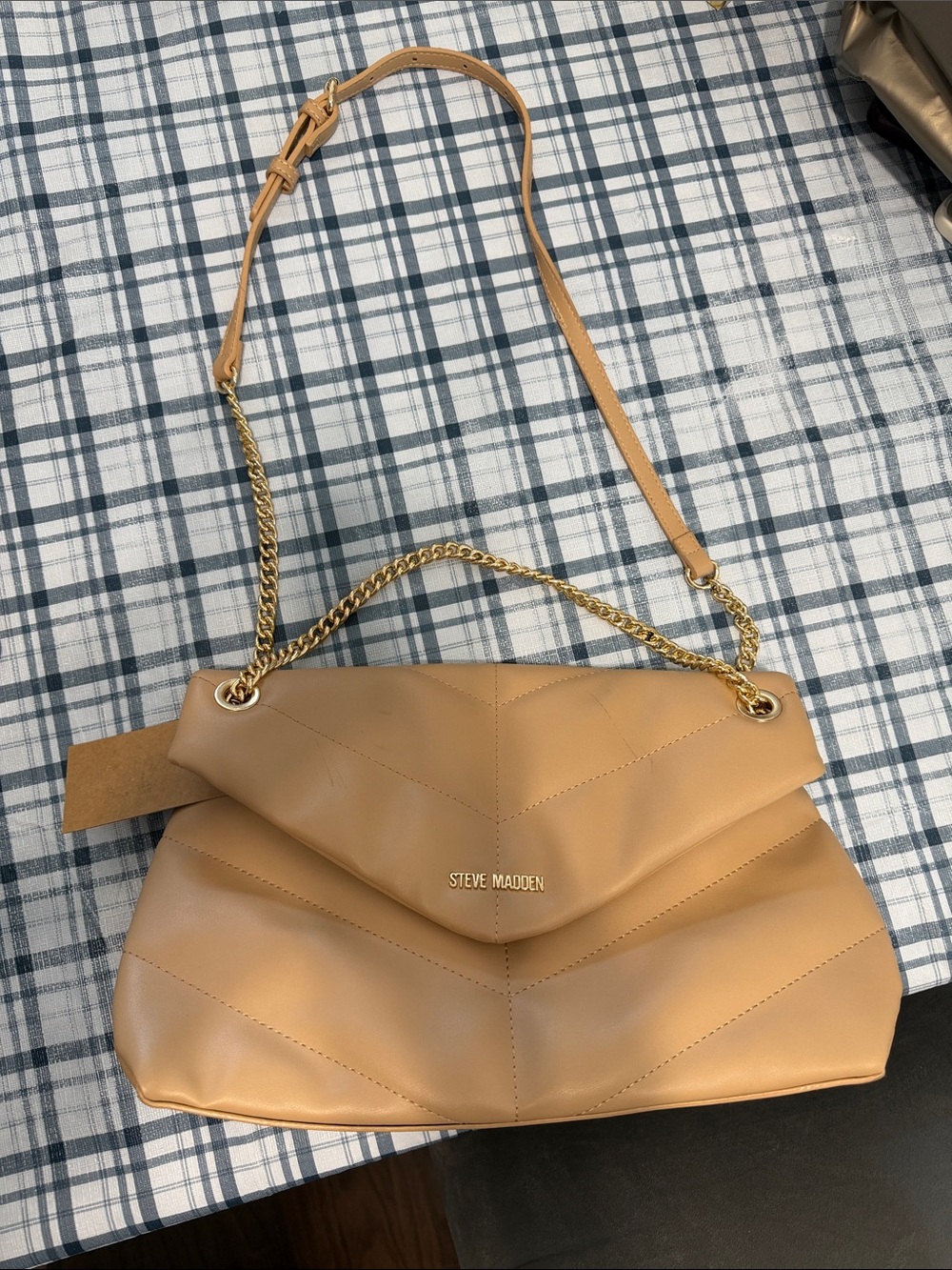 Steve Madden Camel Quilted Shoulder Bag with Gold Chain Strap